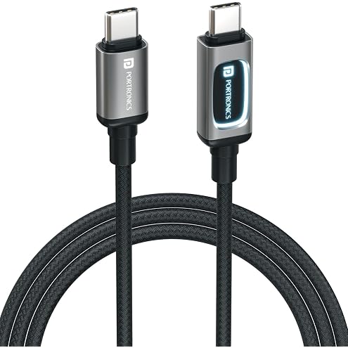 Portronics Konnect View 100W Type C to Type C Cable with LED Display with 5A Max Output, Fast Data Sync, 2M Length, Tangle Resistance supports Laptop Charging(Black)